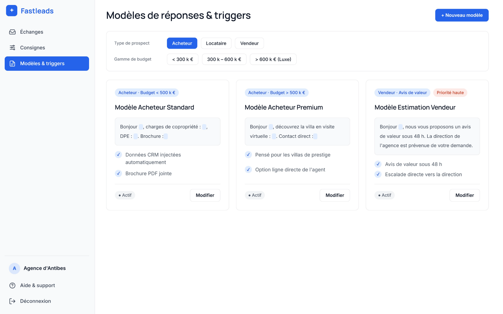 Interface FASTLEADS — modèles